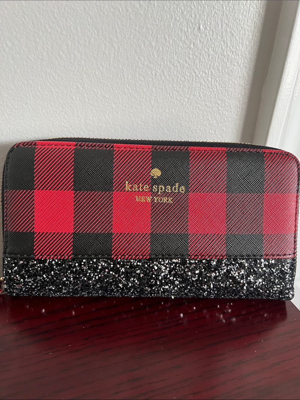 Kate Spade Buffalo Plaid Zip-Around Wallet with Black Glitter